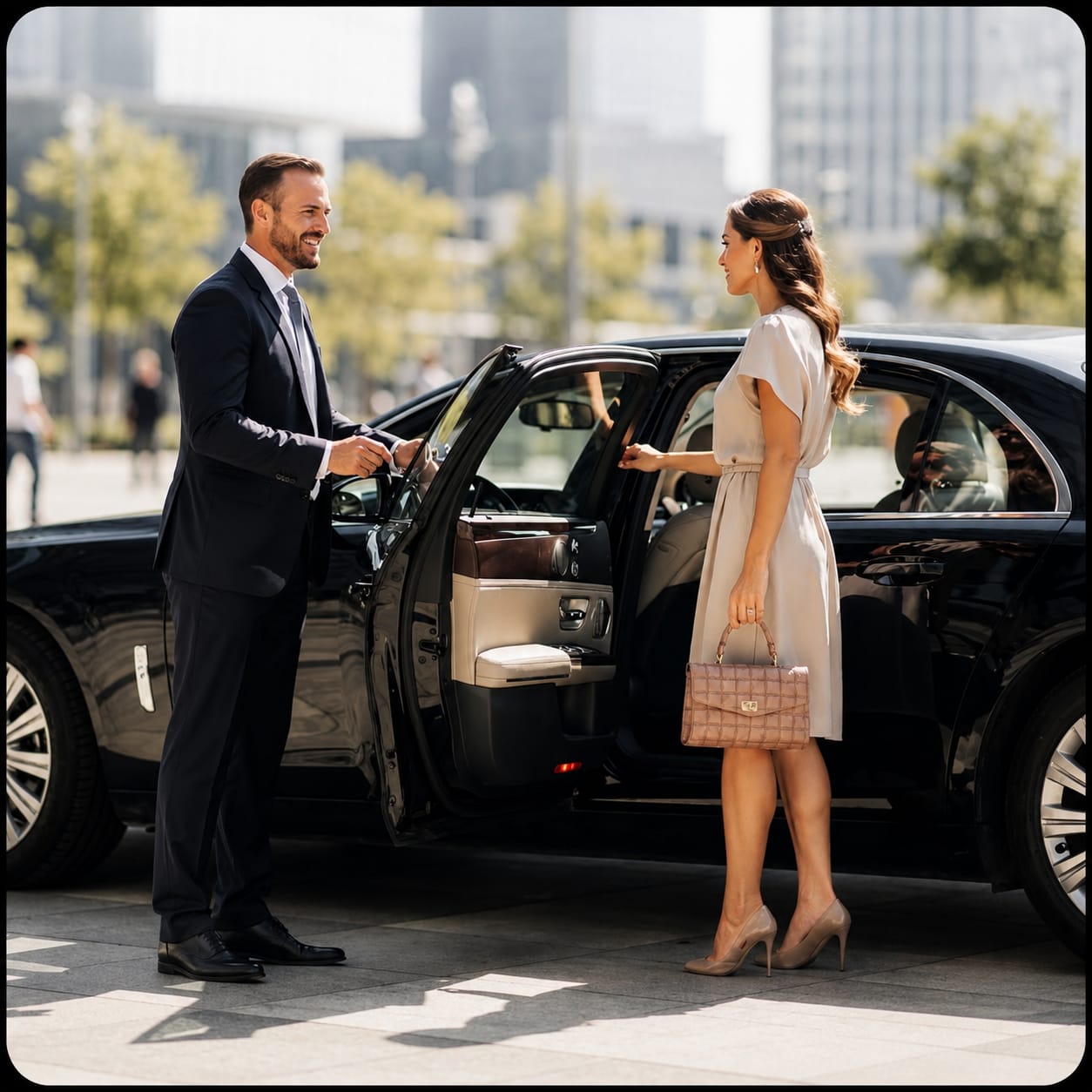 E11 chauffeur opening the car door for a client