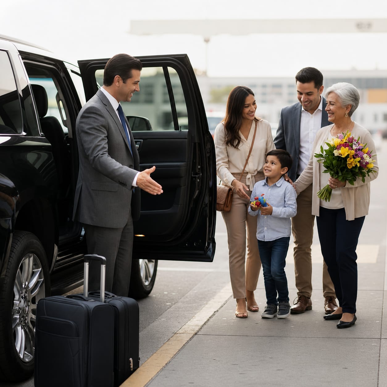 E11 chauffeur welcoming a family at the airport